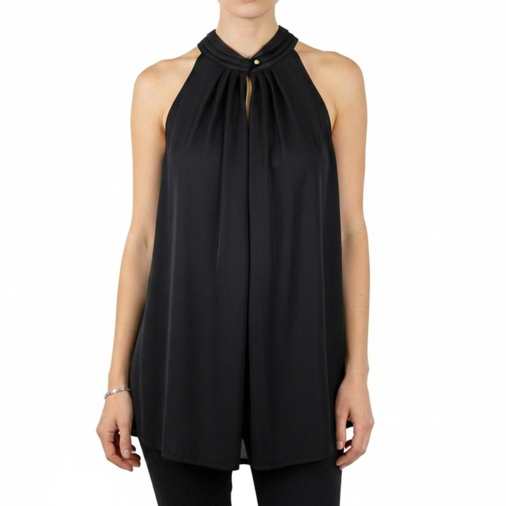 The‎ Limited Keyhole Halter Blouse Black Sleeveless Pleated Neck Womens L